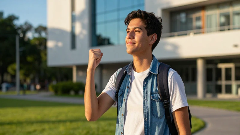 Estudiante mexicano triunfa en campus moderno con luz dorada