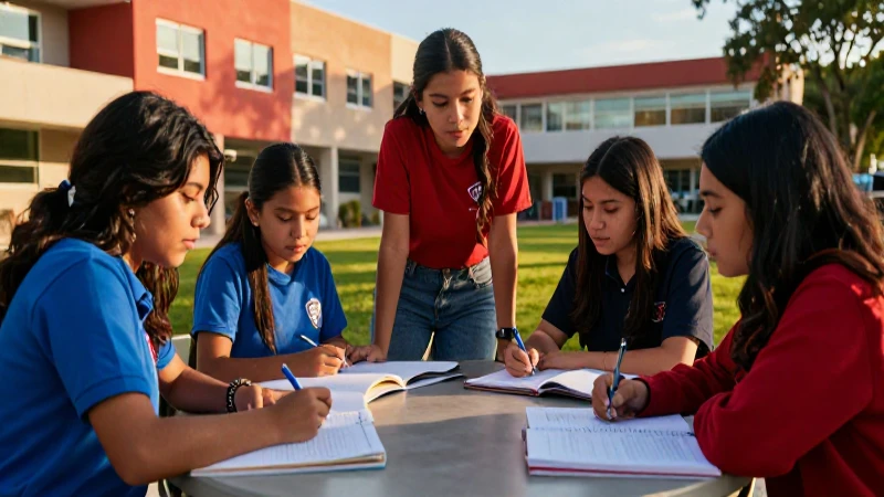 Estudiantes mexicanos en campus moderno al atardecer
