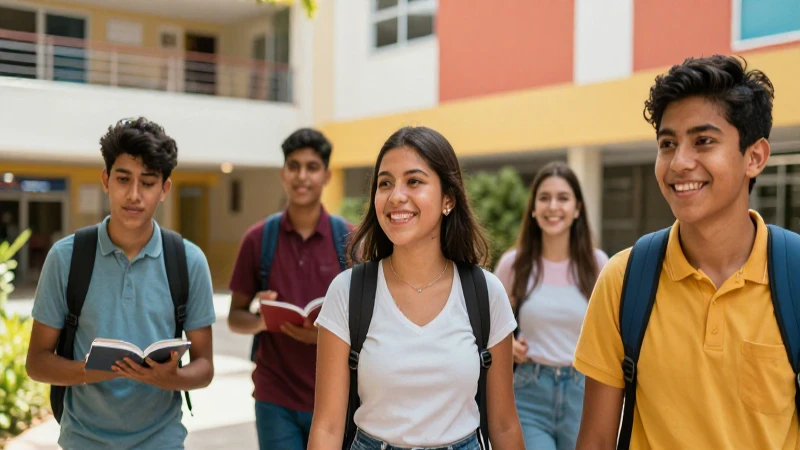 Estudiantes mexicanos felices en campus moderno