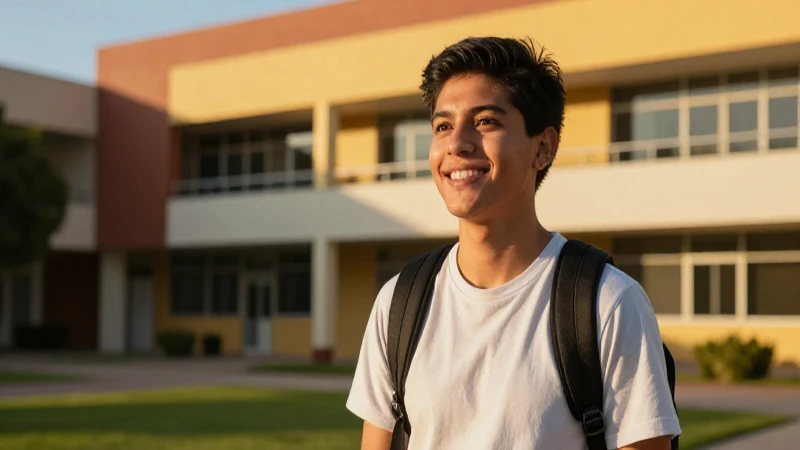 Estudiante mexicano sonriente en campus vibrante
