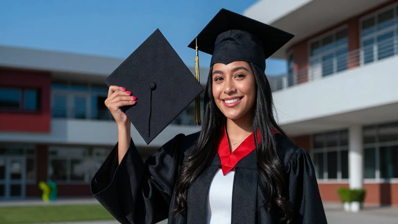 Estudiante mexicano sonriendo con toga en campus vibrante