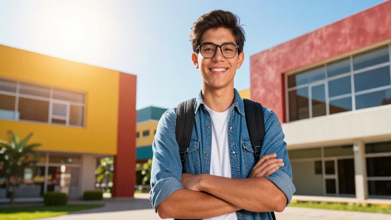 Estudiante mexicano sonríe confiado en campus moderno
