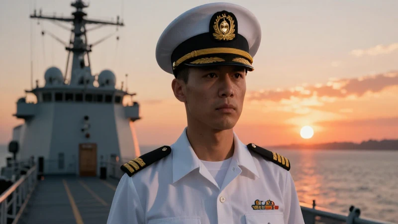 Cadete naval determinado ante un atardecer épico