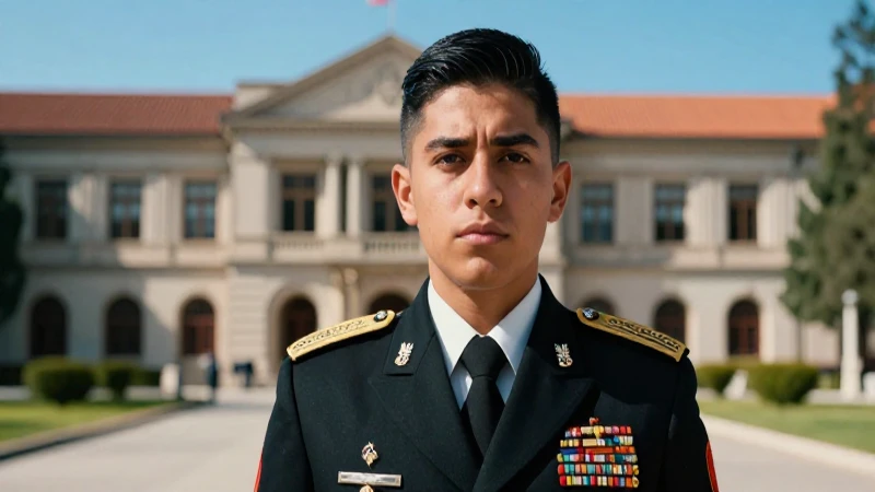Joven militar mexicano en un campus grandioso y detallado