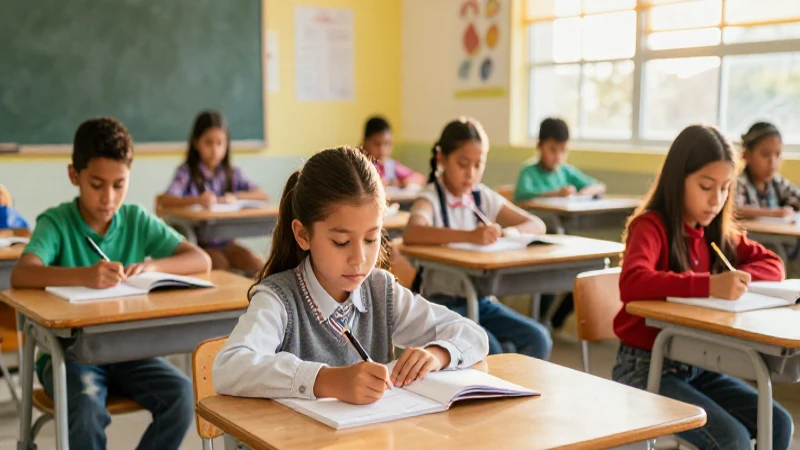 Niños mexicanos en aula con luz dorada