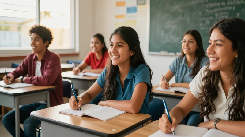 Estudiantes mexicanos estudian felices en un aula moderna