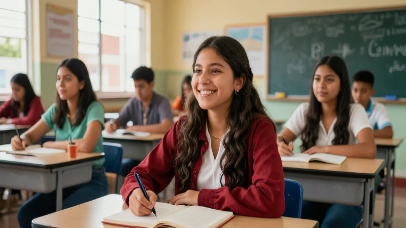 Estudiante mexicano alegre en clase moderna y vibrante