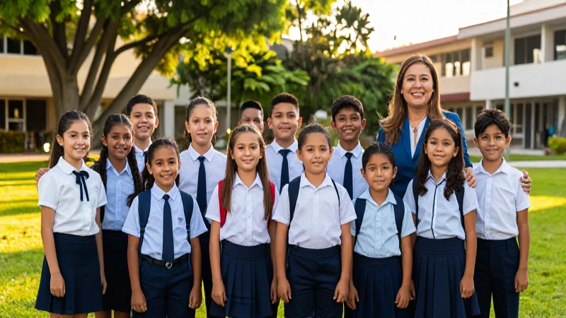 Niños mexicanos felices en campus al atardecer