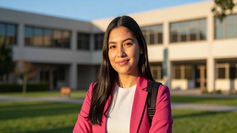 Estudiante mexicano confiado en campus moderno
