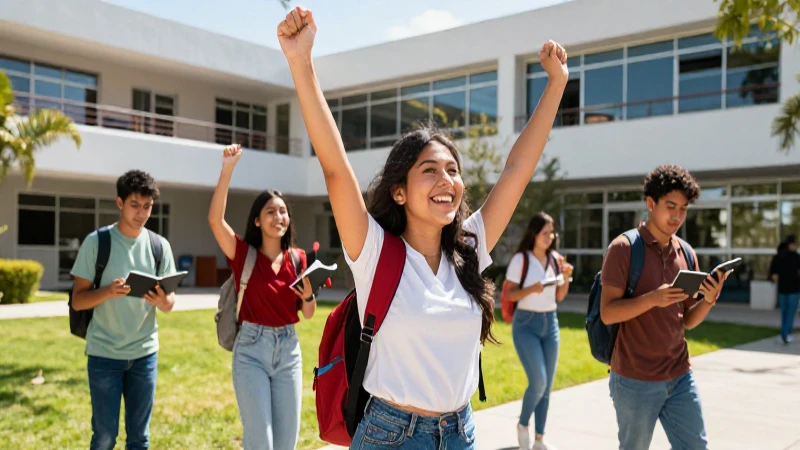 Estudiante mexicano exitoso en campus moderno