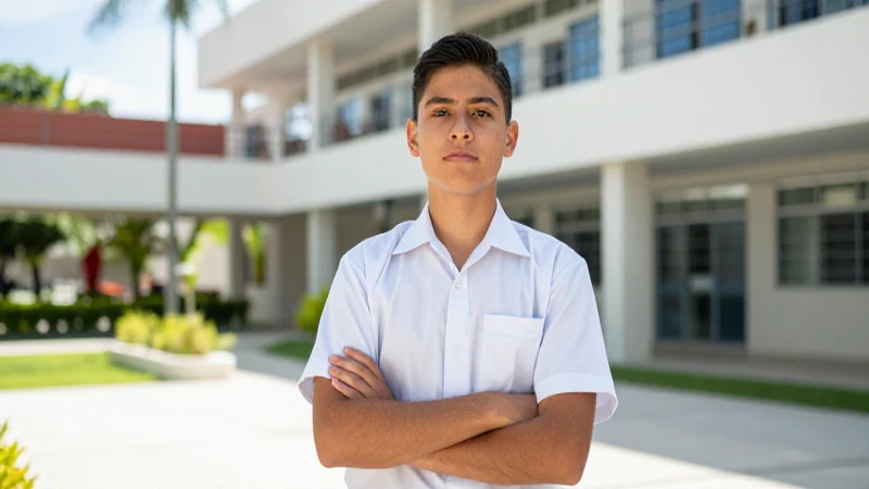 Joven mexicano enfocado en campus militar moderno