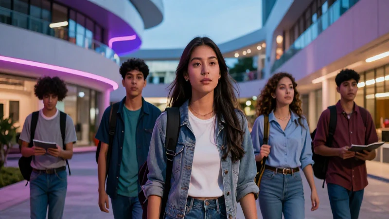 Jóvenes ambiciosos en campus futurista moderno