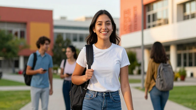 Estudiante mexicano sonriente en campus universitario moderno