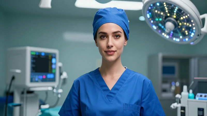 Enfermera quirúrgica atractiva en hospital moderno y elegante
