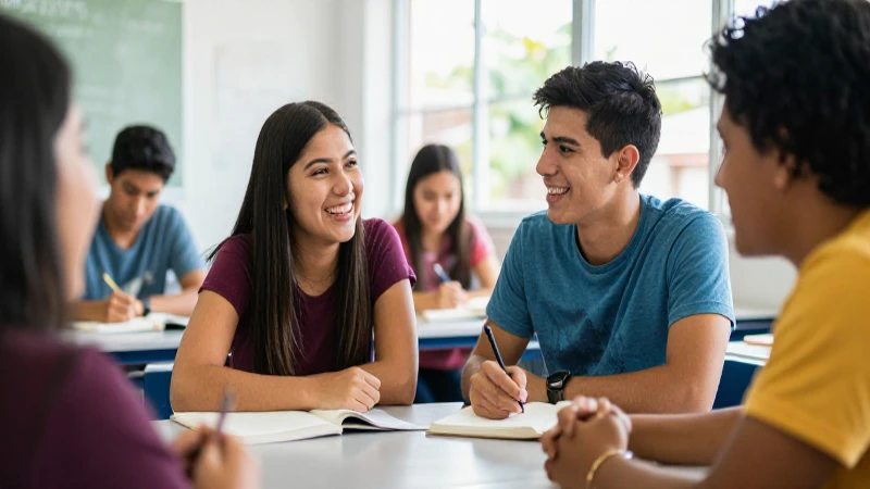 Estudiantes mexicanos colaborando alegre en clase moderna