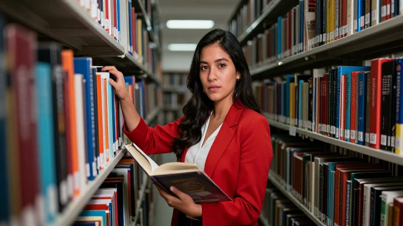 Joven académico mexicano en biblioteca con luz dramática