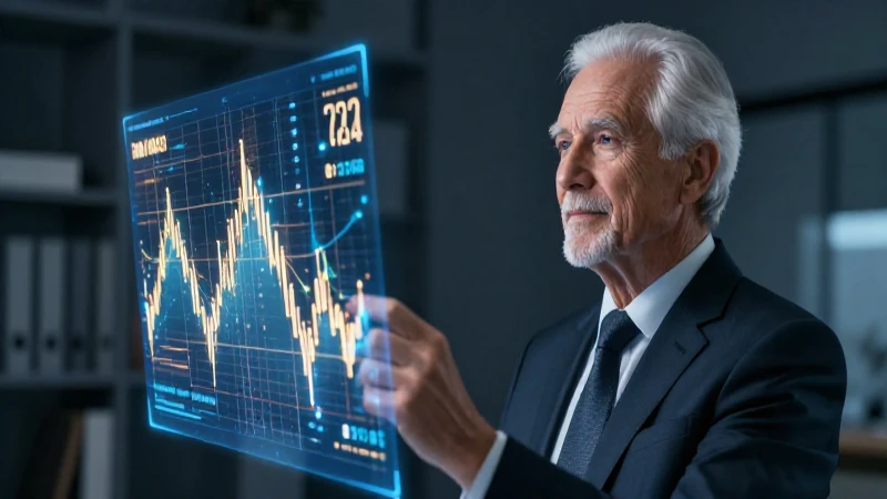 Pensionado revisando datos holográficos de finanzas