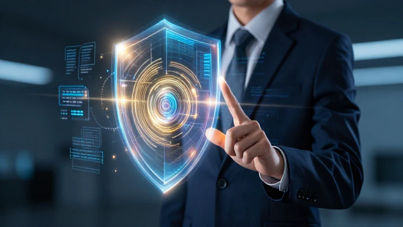 Profesional con escudo digital holográfico