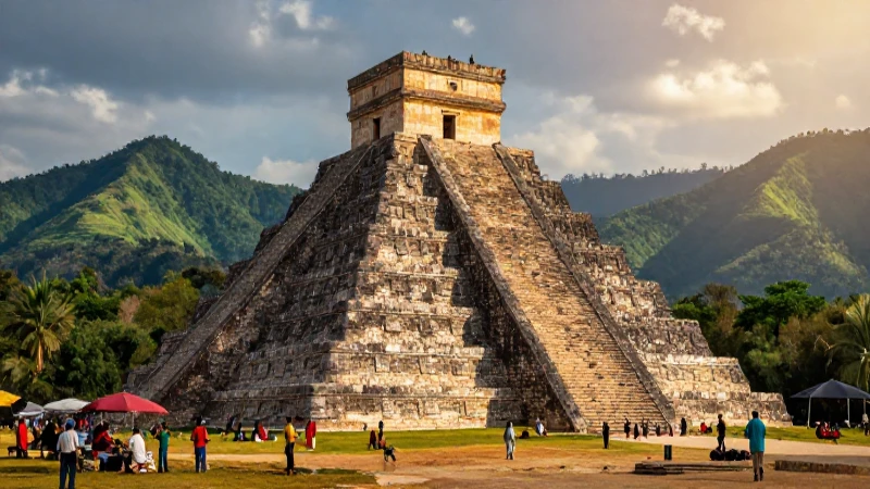 Pirámide majestuosa en vibrante mercado y montañas
