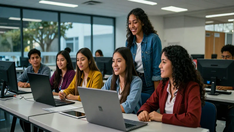 Estudiantes mexicanos colaboran en una aula tecnológica optimista