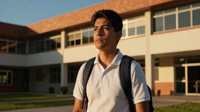 Estudiante mexicano en campus bajo luz dorada