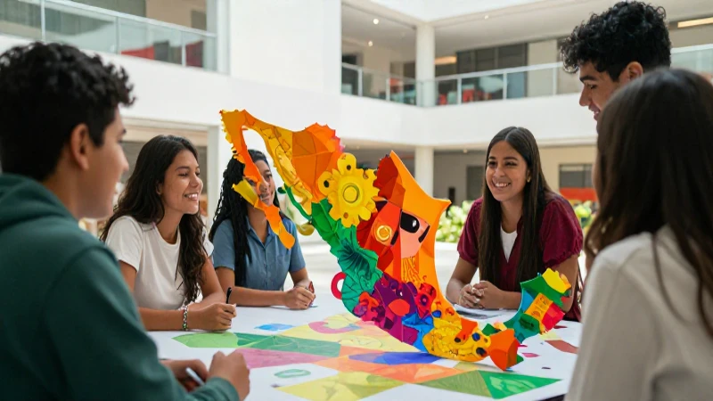 Estudiantes mexicanos colaborando en campus moderno