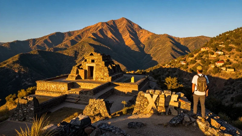 Ruinas mexicanas al atardecer, paisaje cinemático épico