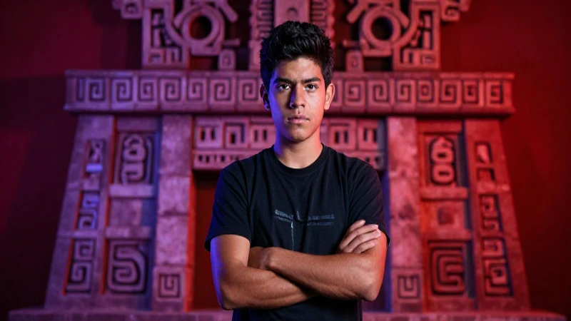 Estudiante mexicano con fondo arquitectónico dramático