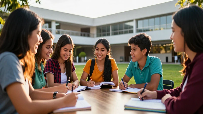 Estudiantes mexicanos felices estudian en un campus brillante