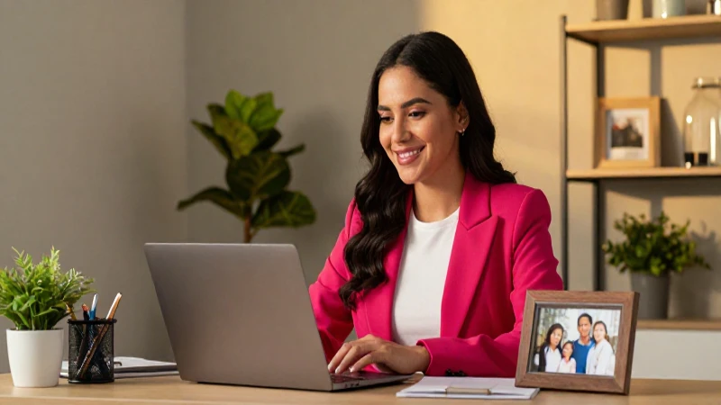 Mujer profesional trabaja feliz con luz dorada