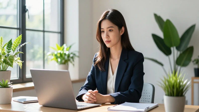 Mujer profesional en oficina moderna iluminada