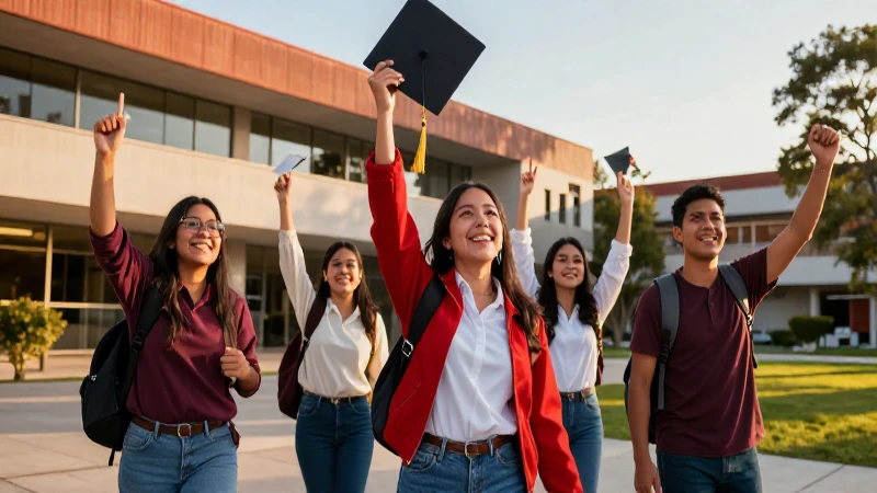 Estudiantes mexicanos celebrando éxito en universidad moderna