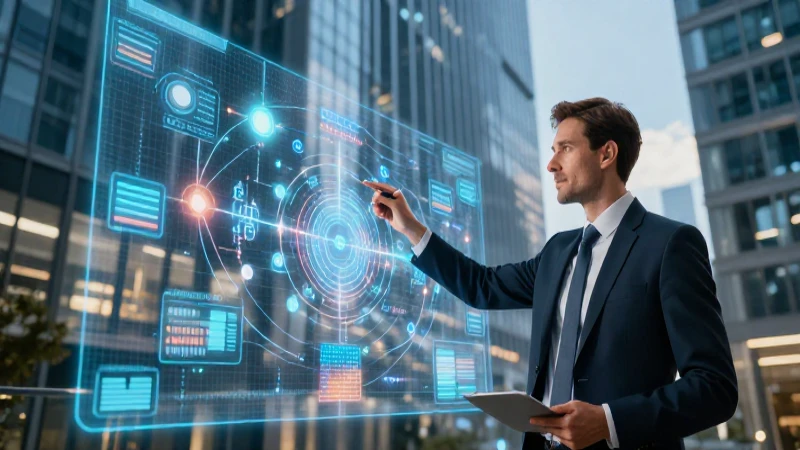 Estratega empresarial con mapa holográfico avanzado