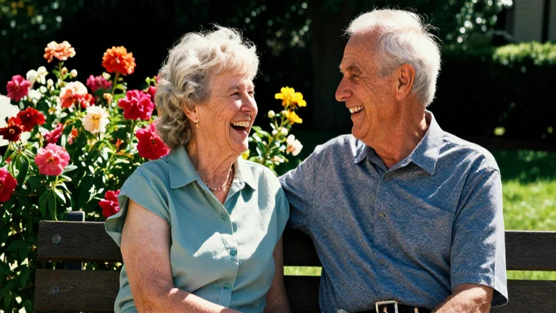 Pareja mayor riendo en jardín soleado