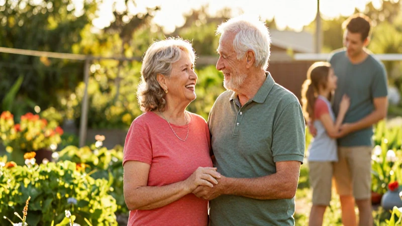 Pareja senior cuidando en jardín al atardecer