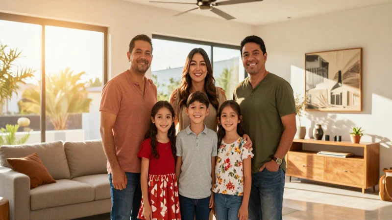 Familia mexicana vibrante en hogar moderno, luz dorada