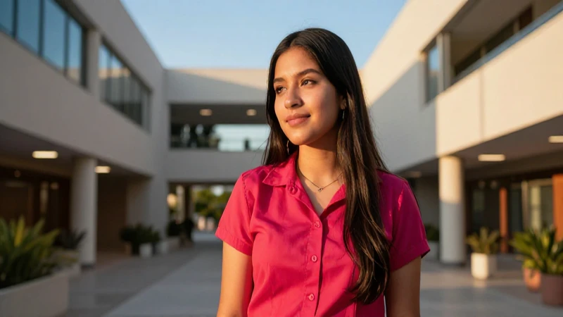 Estudiante mexicano en campus moderno con luz dorada