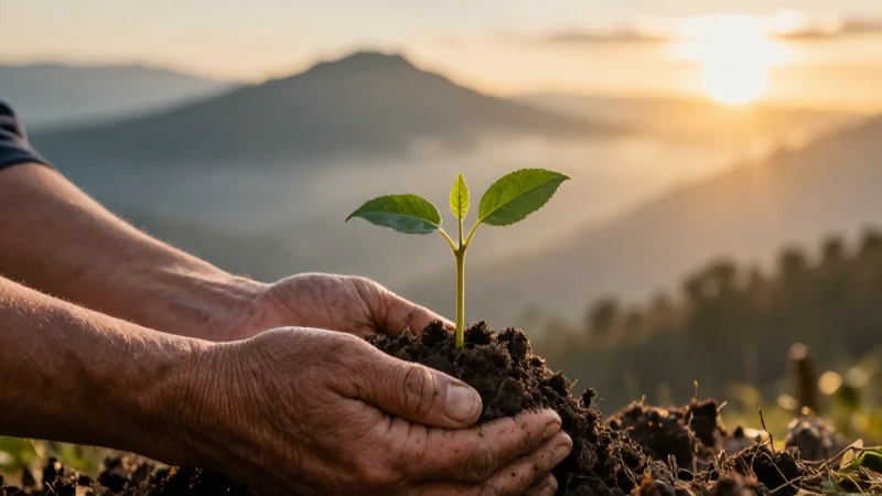 Manos plantan árbol en montaña al atardecer