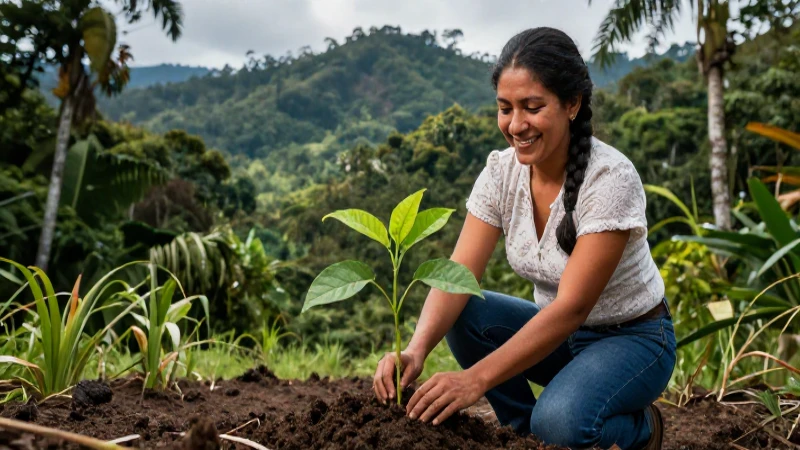 Mujer mexicana planta un joven en el bosque
