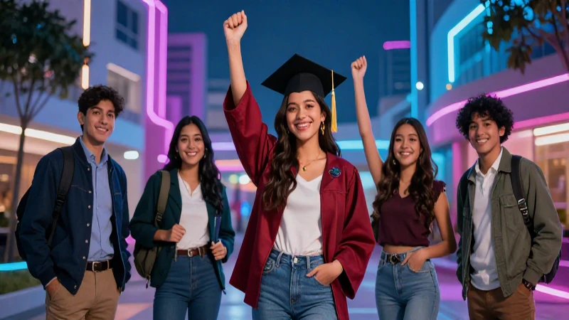 Estudiantes mexicanos celebrando en campus futurista