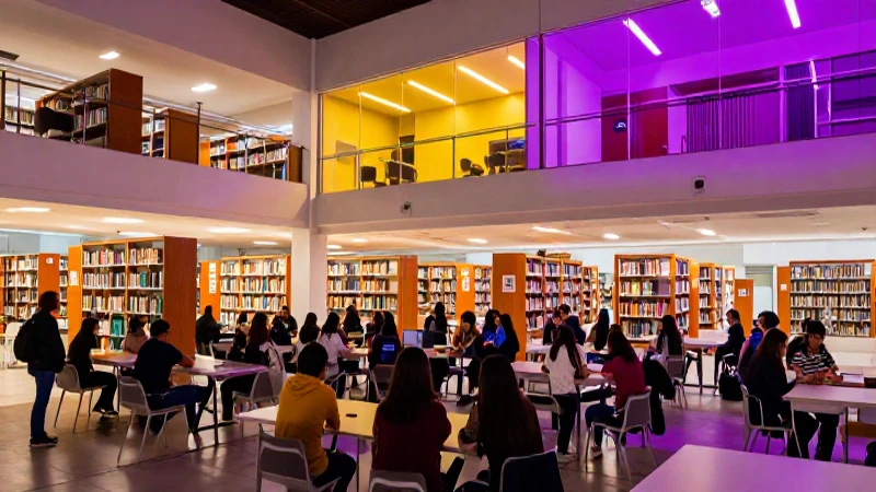 Estudiantes diversos en biblioteca moderna