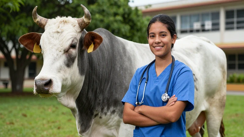 Retrato veterinario vibrante en campus universitario