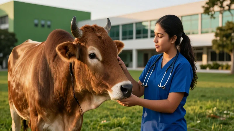 Estudiante veterinaria y bovino en campus vibrante