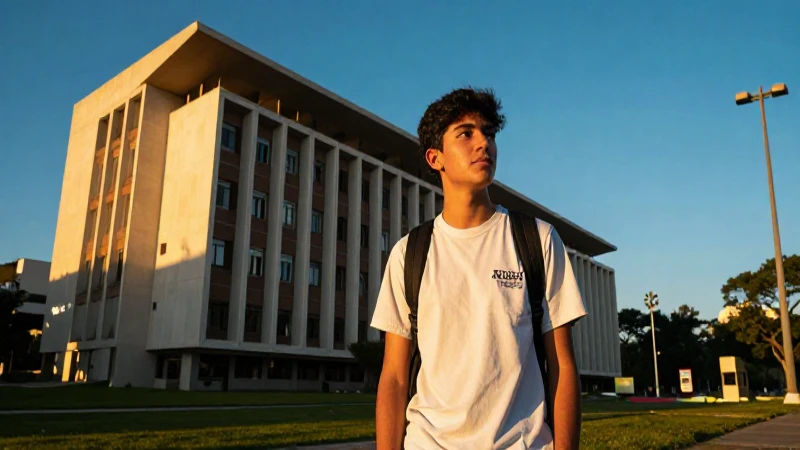Estudiante en campus moderno con luz dorada