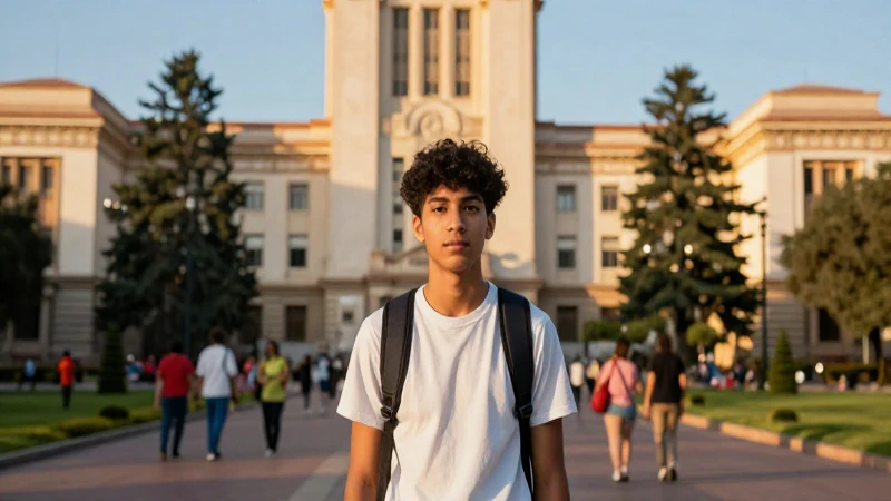 Estudiante en universidad argentina al atardecer
