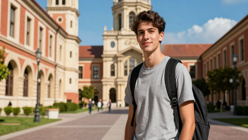 Estudiante en campus histórico vibrante y detallado