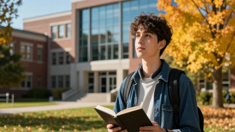 Estudiante decidido en vibrante campus otoñal canadiense
