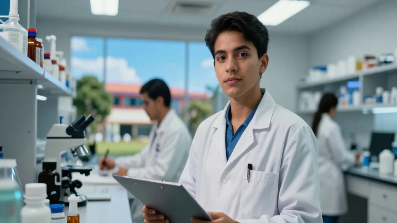 Estudiante médico mexicano en laboratorio moderno