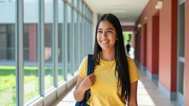Estudiante mexicano sonríe en pasillo universitario moderno