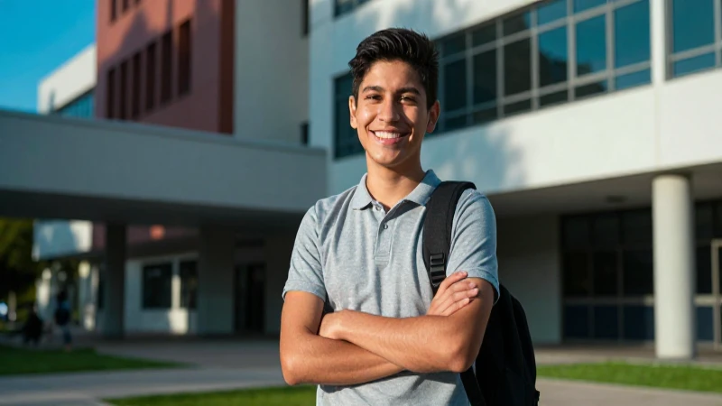 Joven mexicano sonríe en campus universitario moderno